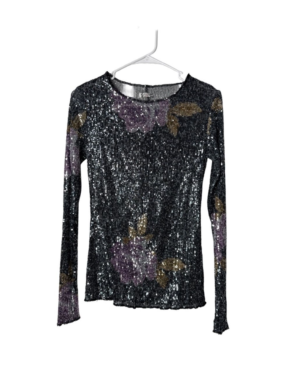 FREE PEOPLE INTIMATELY Gold Rush Long-Sleeve Black Floral Printed Sequin Top XS